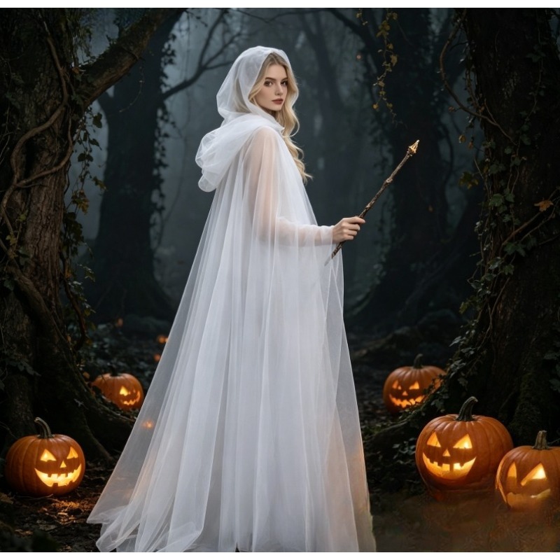 ユニセックス ブラック メッシュ フード付き ケープ ロング ウィッチ マント ハロウィン 仮装 パーティー用
