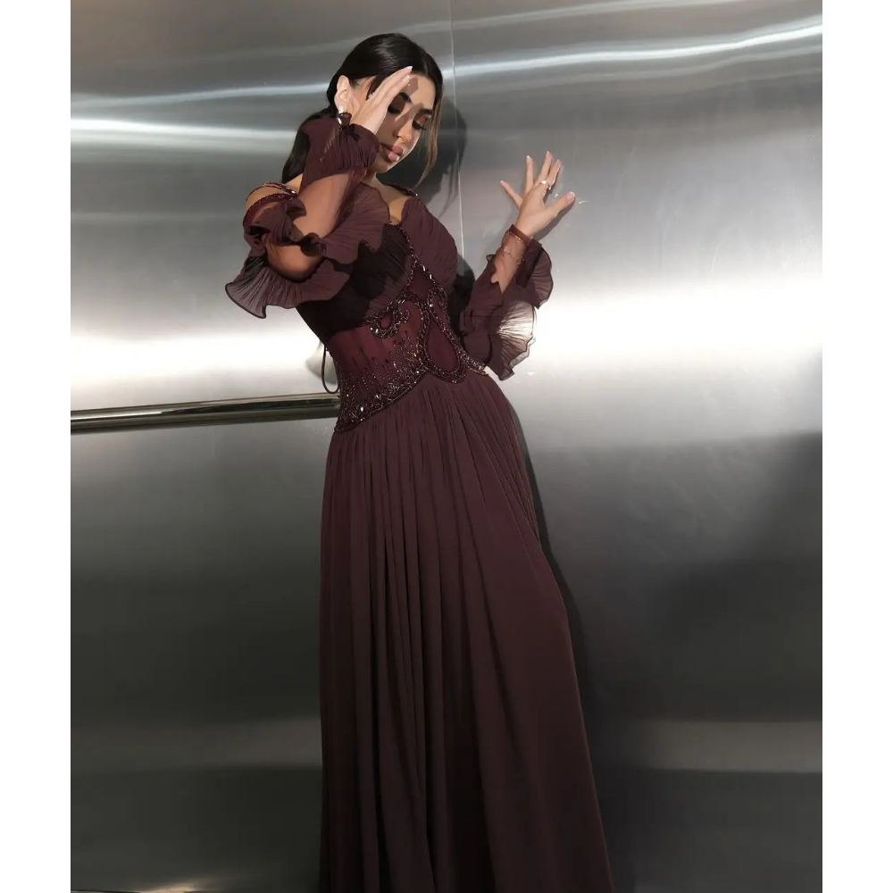 ヴィンテージイブニングドレスオフショルダー V ネック長袖 A ラインシフォンイブニングドレスフロアレングスフォーマルパーティードレスカスタマイズ