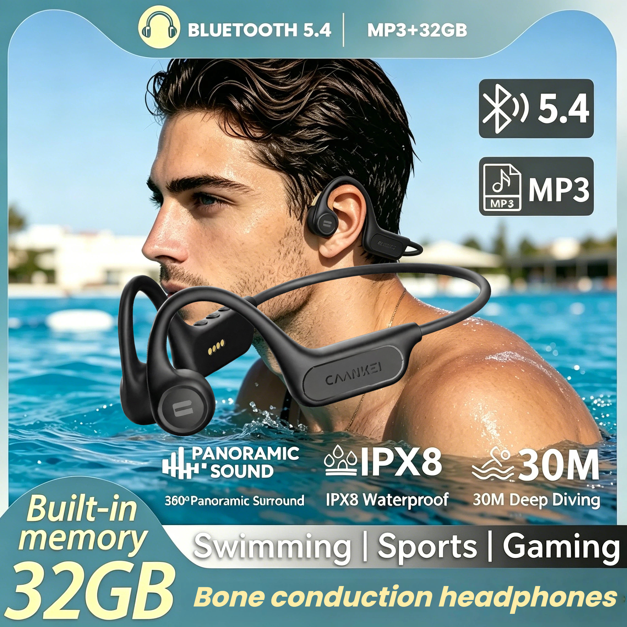 #IPX8 Waterproof Bone Conduction Wireless Headphone Bluetooth 5.4+32GB RAM MP3 Player HIFI Music Sport Swimming Headset With Mic