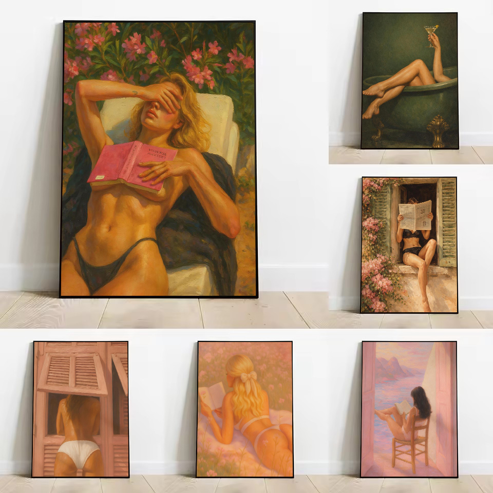 ヴィンテージ浴室ファッショナブルなカクテル女性日光浴美的ポスターキャンバス絵画の壁の写真家のトイレの装飾