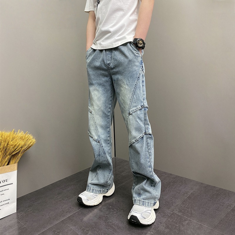 韓国ルーズハーレンストレートレッグパンツブルーカジュアル巾着ウエストゴムジーンズファッショナブルなメンズジーンズ