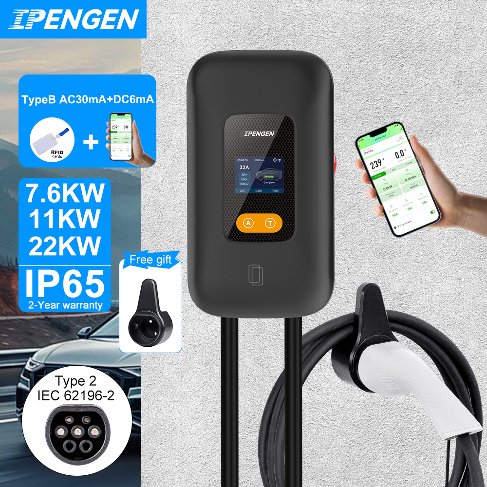 IPENGEN Type2 EV 充電器 32A 7.6KW 充電ステーション車の充電器 11KW 22KW 3 相 EVSE ウォールボックス 2.76 インチ画面スマート APP 制御