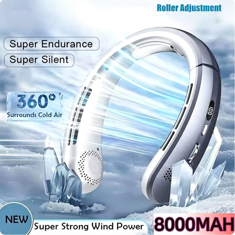 8000mAh 吊り首ファンポータブルブレードレス USB 充電式ミュート LED デジタルディスプレイ空気クーラーハンズフリーファン家庭用屋外