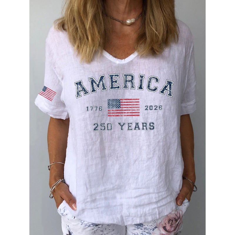 ilstile Women's America 250 Print T-Shirts Summer Short Sleeve Casual Loose V Neck Tops White Tees New Arrival