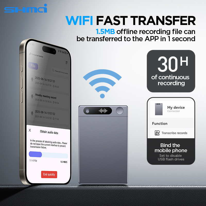 Shmci 64GB AI 搭載ボイスレコーダーおよびコールレコーダー、音声テキスト化、要約、翻訳機能付き、103 言語をサポート