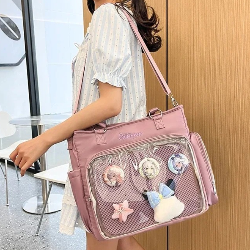 透明日本ブルー Ita バッグバッジディスプレイかわいいショルダーバッグ大容量コラージュ学生バックパック JK 制服バッグ