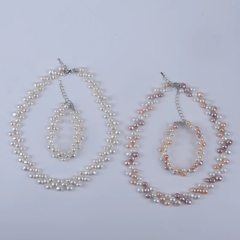 6mm-7mm-8mm ホワイト/ミックスカラーボタン形状養殖本物の淡水真珠手作りネックレスとブレスレットジュエリーセット