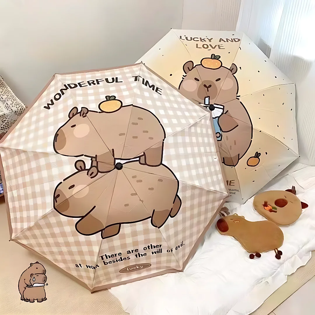8本骨カピバラ自動ブラックラバー晴雨兼用日傘ポータブル折りたたみ強化学生傘