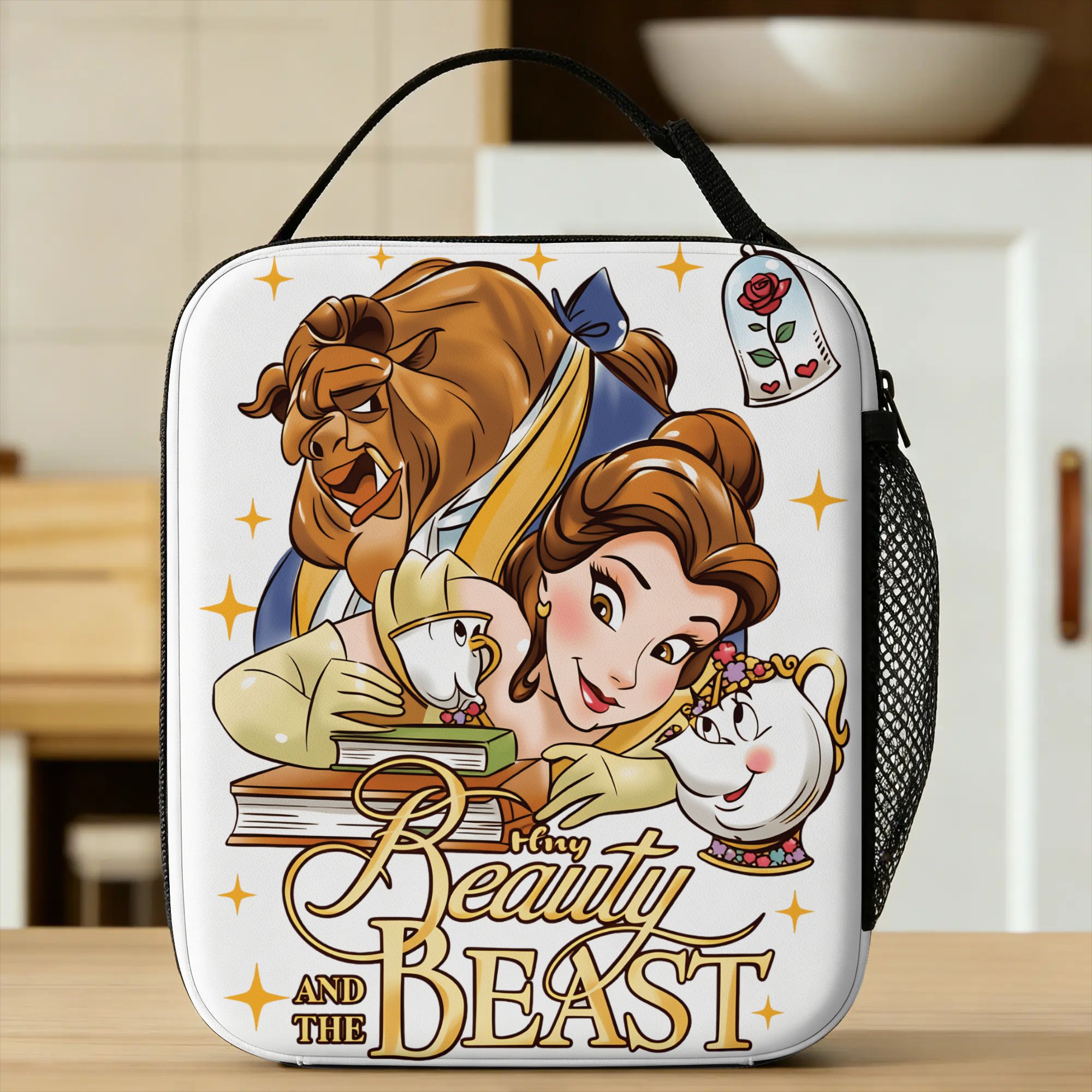 美女と野獣ランチバッグ旅行ランチボックス女の子のためのカジュアルカスタムトート食品バッグ防水ポータブルクーラーバッグ