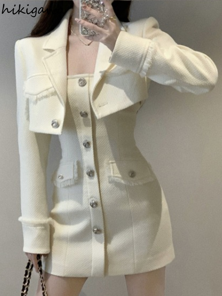ドレスセット Roupas ファム気質 2 ピースセット女性シックなタッセル長袖クロップコートミニボディコンドレススーツ Y2k 衣装