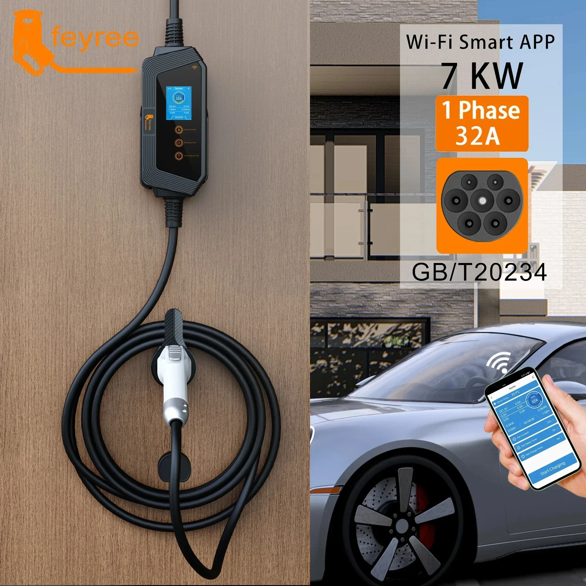 Feyree 7KW 32A 調整可能な EV 充電器 GBT プラグ APP Bluetooth バージョンセット充電時間 EVSE 充電ボックス電気自動車用