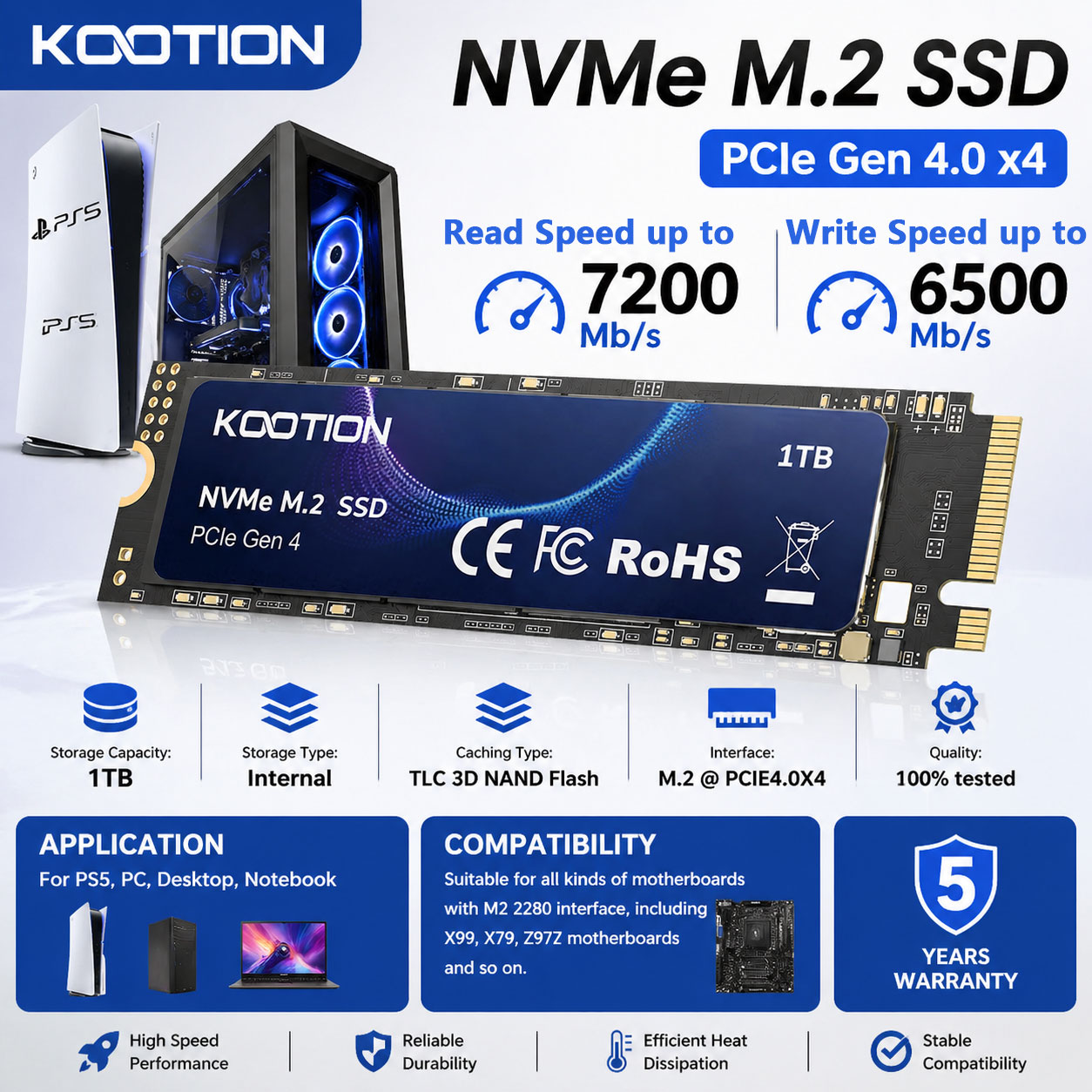 KOOTION X16PLUS NVMe M.2 SSD 1TB 内蔵ソリッドステートハードドライブ M2 PCIe 4.0x4 2280 SSD ディスク PS5 ラップトップ PC 用