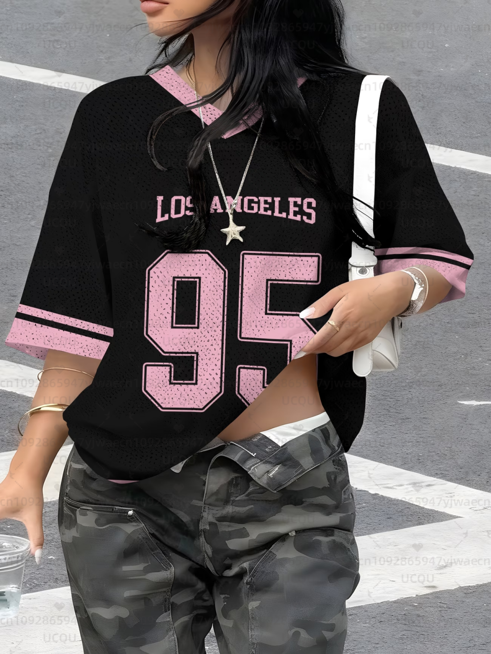 女性のロサンゼルス NO.95 プリント V ネック半袖 Tシャツ夏グラフィック Tシャツ穴メッシュジャージプラスサイズスポーツ Tシャツ