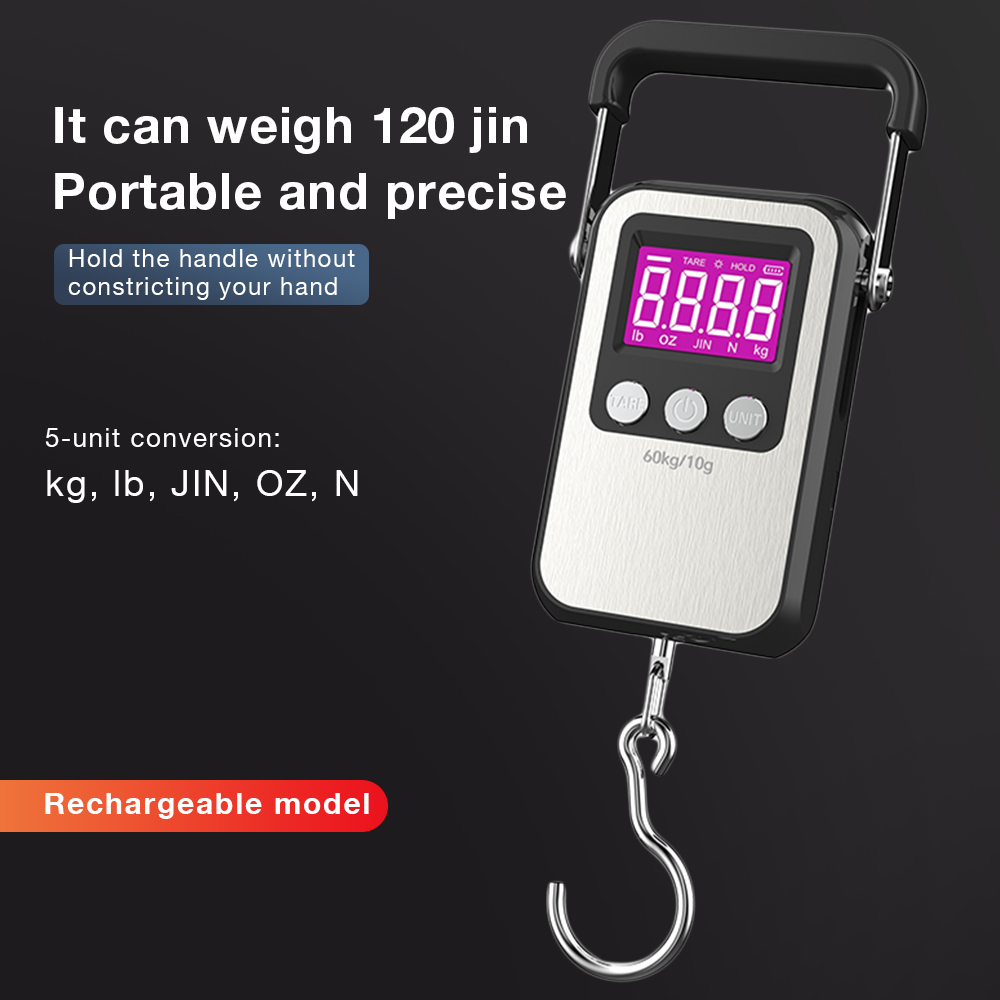 新しい 60 キロ/10 グラム Lcd ディスプレイ USB 充電デジタル吊りフックスケール電子旅行荷物スケール計量バランス