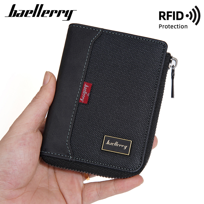 Baellerry RFID シンプルなショートメンズジッパー財布高級ブランドカードホルダー男性財布フォトホルダーコインポケット男の財布