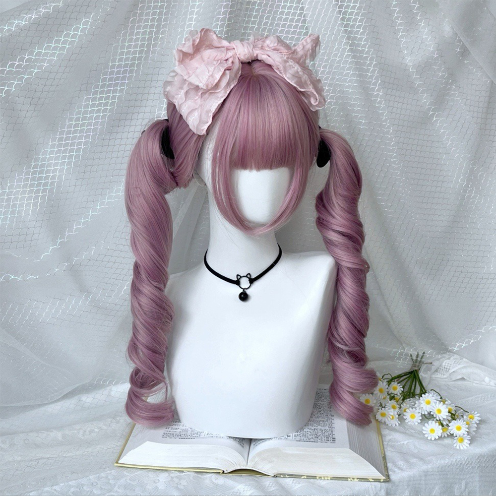 コスプレウィッグ前髪ダブルポニーテールカーリーロリータウィッグ女性衣装テーマカーニバルアニメウィッグ耐熱合成かつら