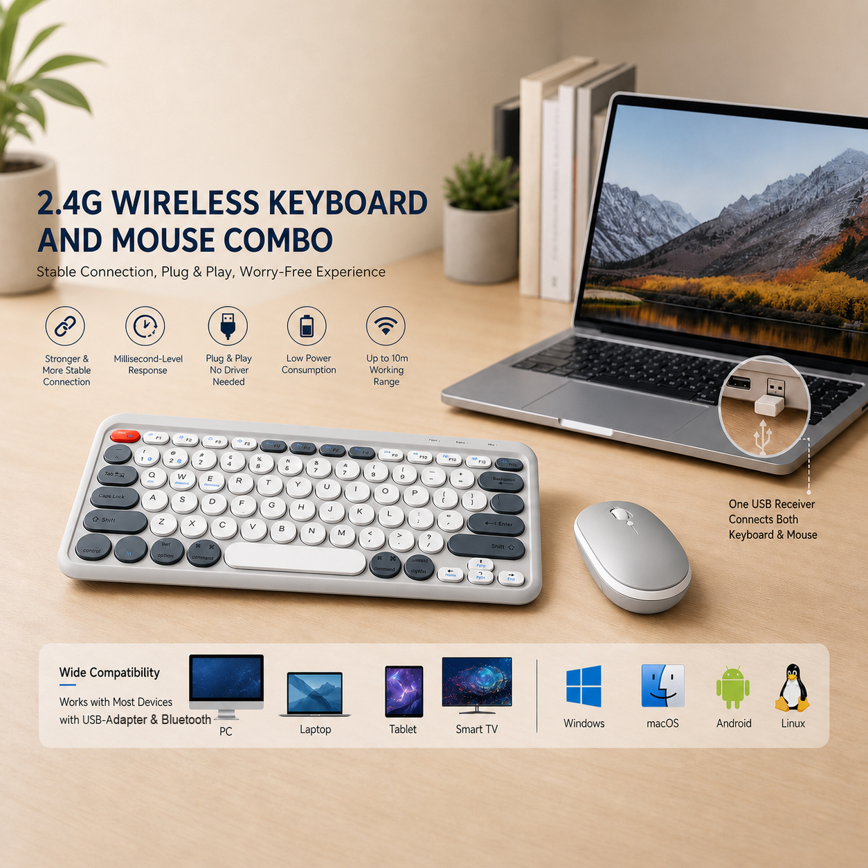 ポータブルワイヤレスキーボードマウスコンボタイプライターレトロラウンド混合色デュアルモード Bluetooth5.0