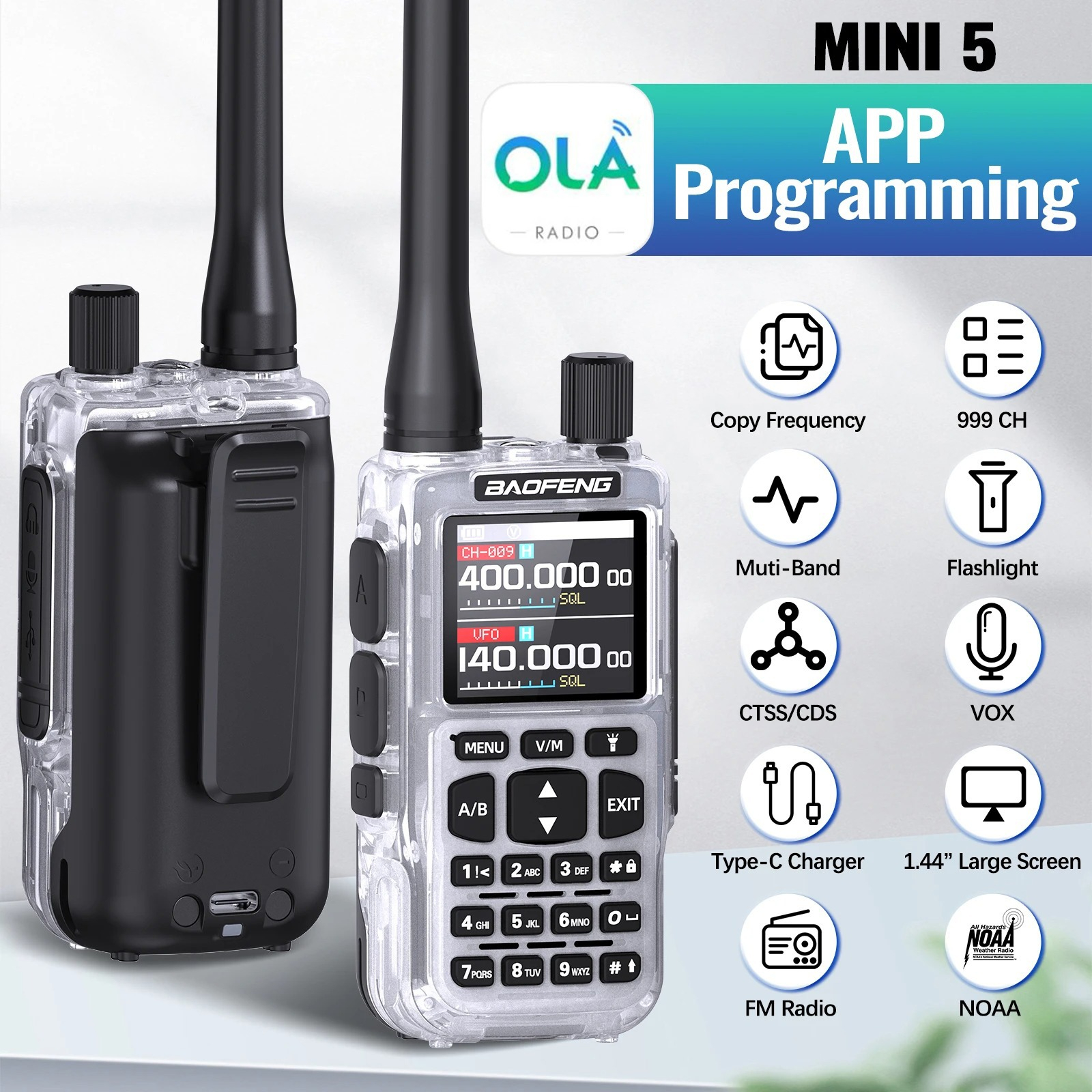2 個 BAOFENG ミニ 5 デュアル PTT トランシーバー Bluetooth アプリプログラミング AM/FM NOAA TYPE-C 充電器アップグレード UV-5R ミニアマチュア無線