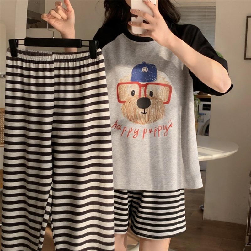 レディース 漫画 プリント パジャマ セット 夏 半袖 Tシャツ 長ズボン パジャマ 3 点セット ラウンジ ソフト ルーズ セット