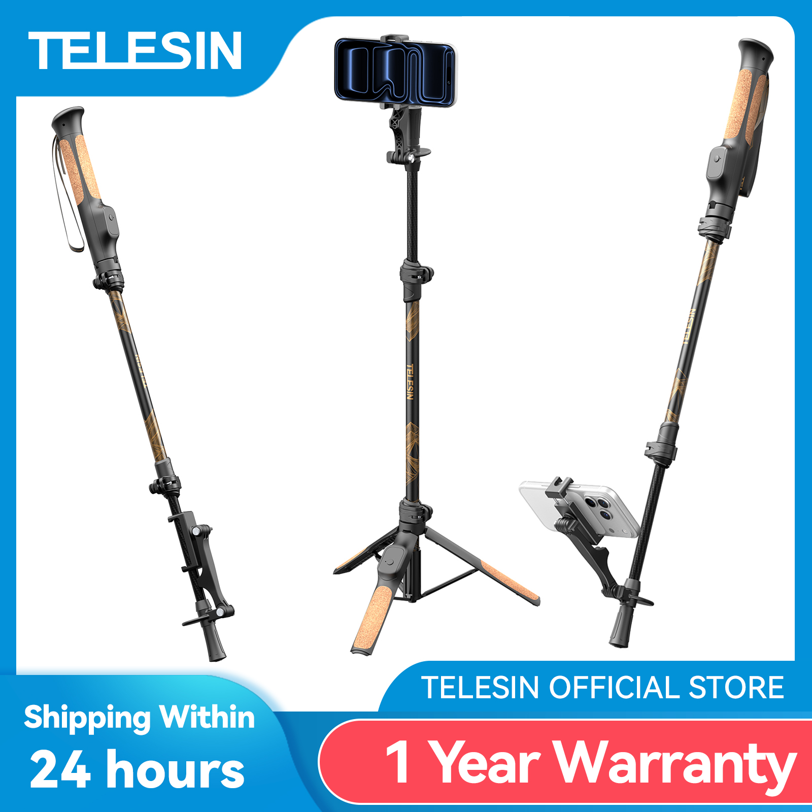 TELESIN Trekshot ハイキングポール Selfie スティックカーボンファイバーリモコン Selfie スティック三脚スタンドスマートフォンアクションカメラ用