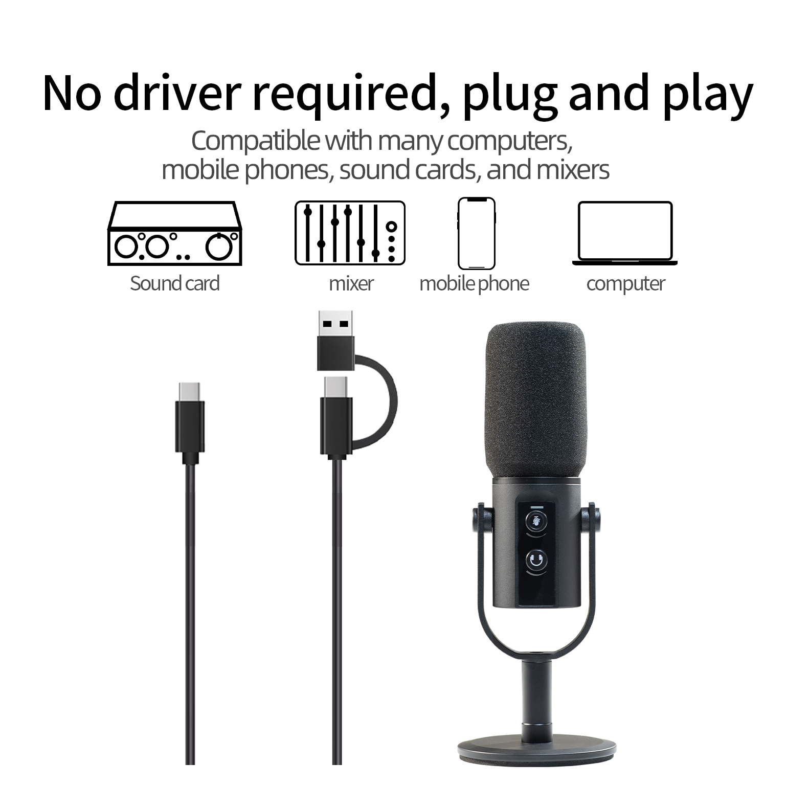 LINIM PD11 USB/XLR ダイナミックマイク、ゲインノブ/タッチミュート/ヘッドフォンジャック付き、PC サウンドカードストリーミング用録音マイク