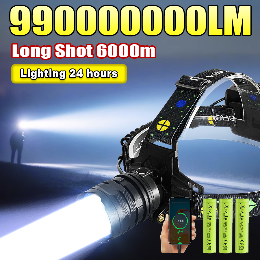 新しい 990000000LM ハイパワー LED ヘッドライト超高輝度ヘッドトーチ長距離 6000 メートルヘッド懐中電灯 18650 キャンプ釣りランタン