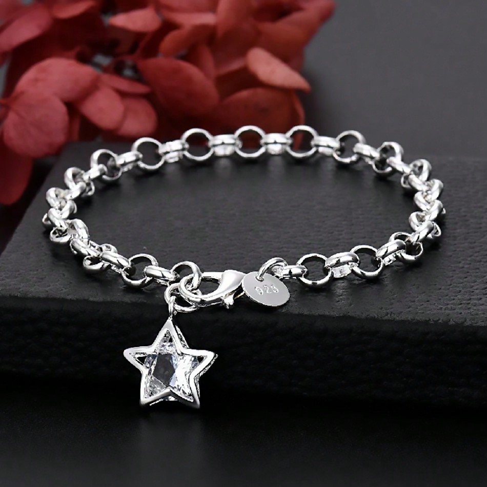 1pc 925 シルバーメッキファッションブレスレット五芒星スタークリスタルチャームブレスレット女性のためのファインジュエリー