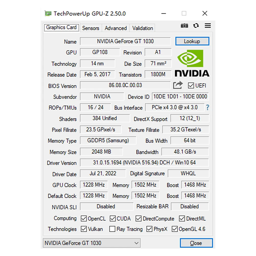 SOYO NVIDIA GeForce GT1030 2G ゲーミンググラフィックカード GDDR5 64ビット PCIe 3.0 x4 ビデオカード HDMI対応+DVI デスクトップコンピュータ用
