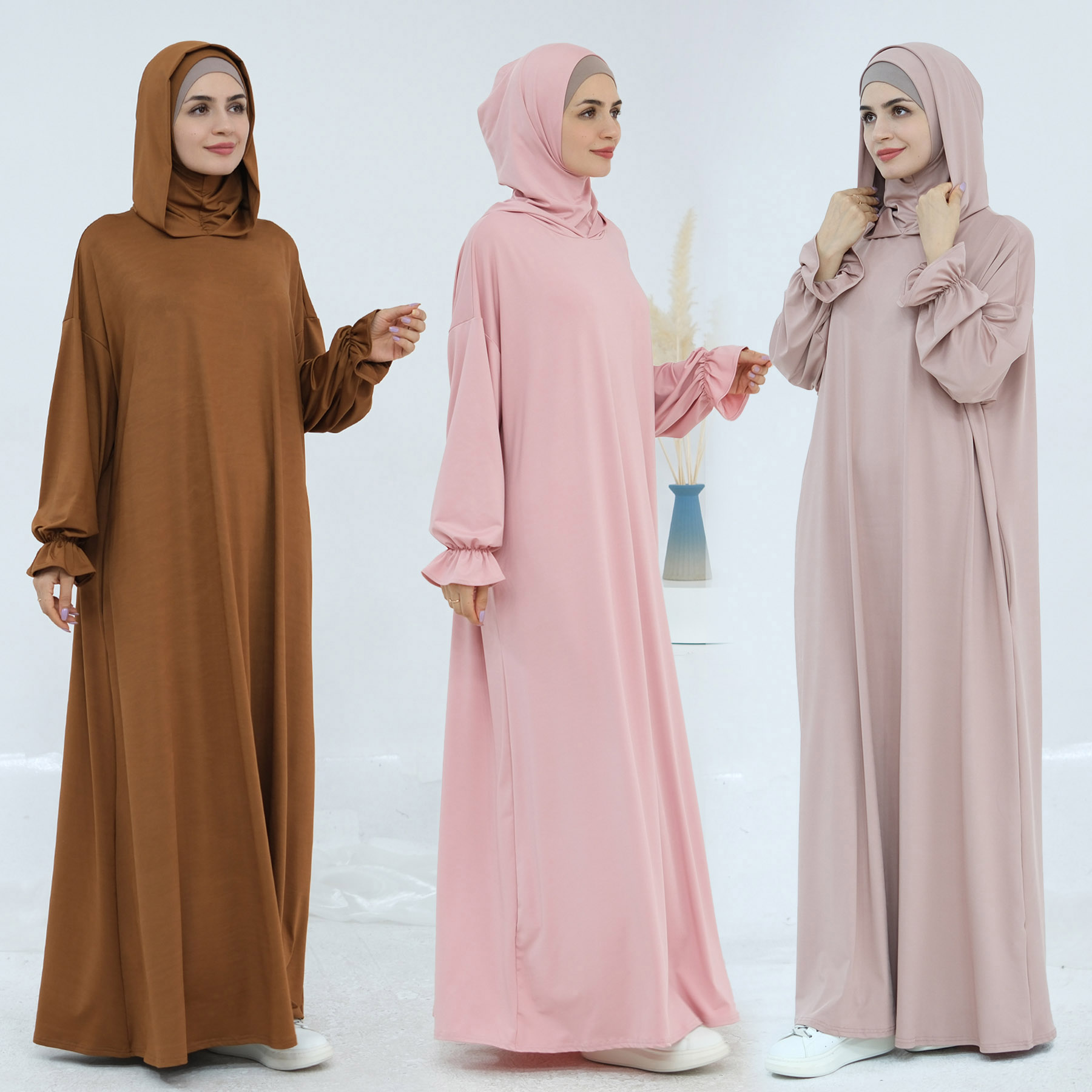非常にルーズフィットのフード付きイスラム教徒女性用祈りアバヤドレス (インナーキャップなし) - ドロップショルダー、サイドポケット。ラマダン イード イスラム教ヒジャビ ローブ