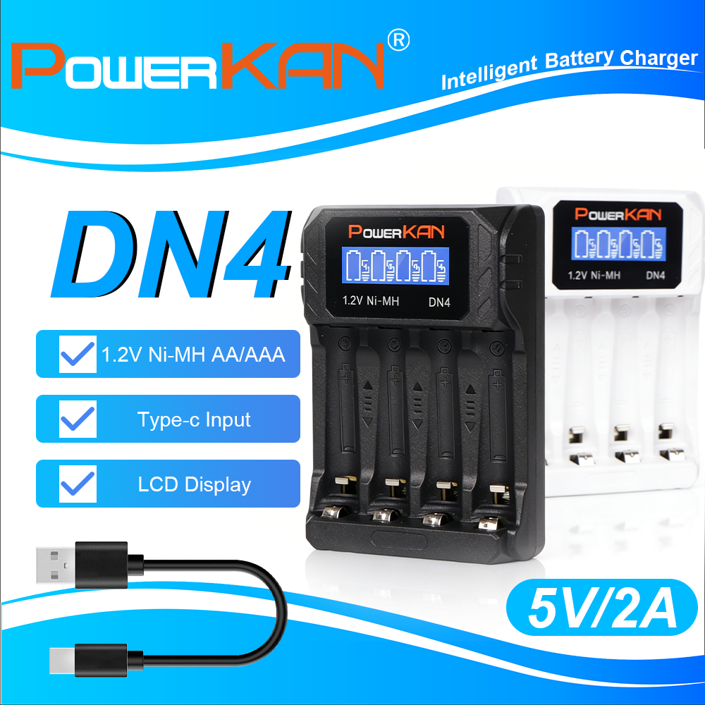 POWERKAN DN4 バッテリー充電器 LCD ディスプレイ付き 1.2V ニッケル水素 AA AAA 充電式バッテリー用 4 ベイ USB-C ケーブル
