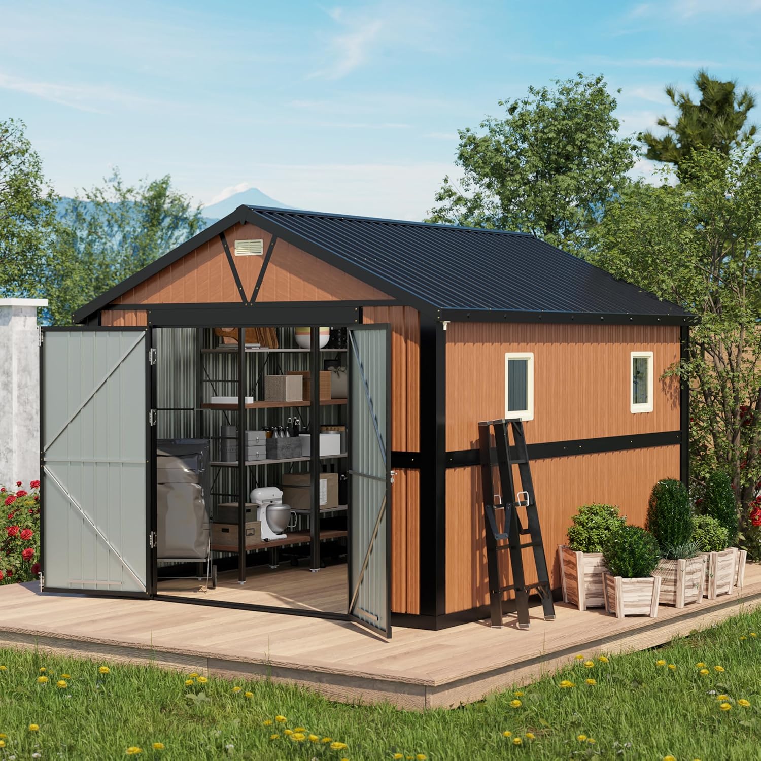10x12フィート 金属製収納小屋 ロック可能なドア 2つの窓 スチールツール 庭の裏庭の鶏小屋、カスタム