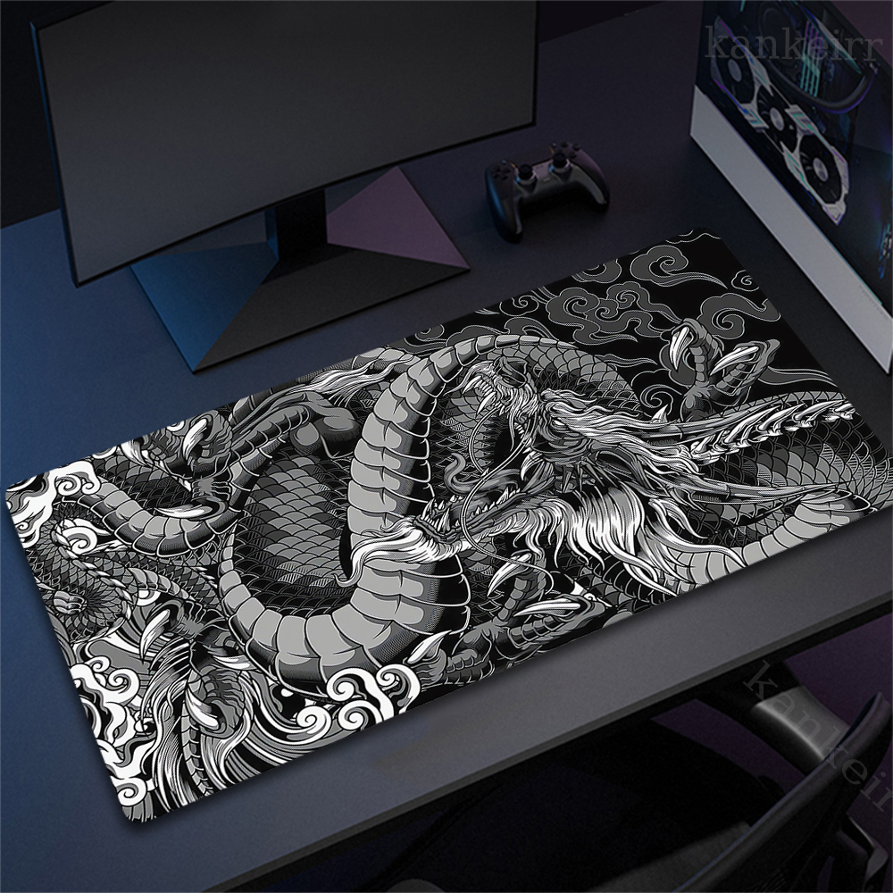 黒と白のドラゴンマウスパッド大型ゲーミングマウスパッドコンピュータマウスパッドマウスマット 90 × 40 センチメートルデスクパッド PC キーボードマットテーブル