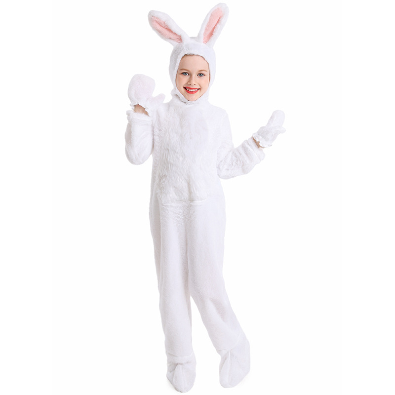ウサギのコスプレ衣装女の子と男の子のためのかわいい毛皮の小さな白いウサギハロウィンカーニバルコスチュームジャンプスーツ