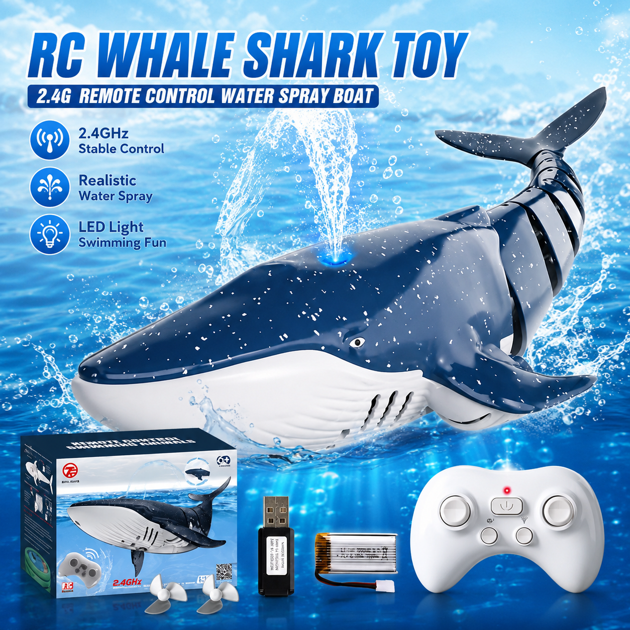 2.4G RC ジンベエザメボート、カラフルなライト付きウォータースプレーおもちゃ、シミュレーションプールバスギフト、子供、男の子向け