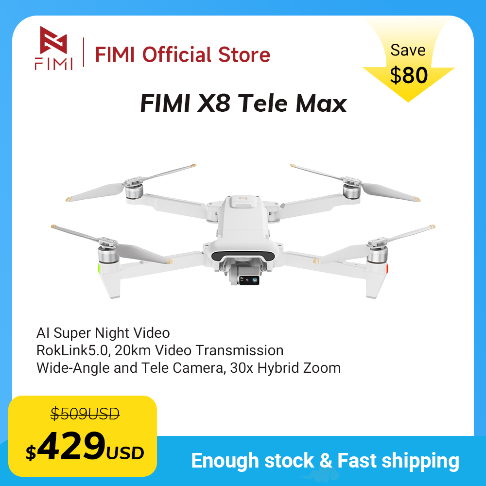 FIMI X8 Tele Max ドローン 20KM 範囲、広角望遠カメラ付き 30x ハイブリッドズーム 4K 60fps 3 軸ジンバル GPS AI スーパーナイトビデオ