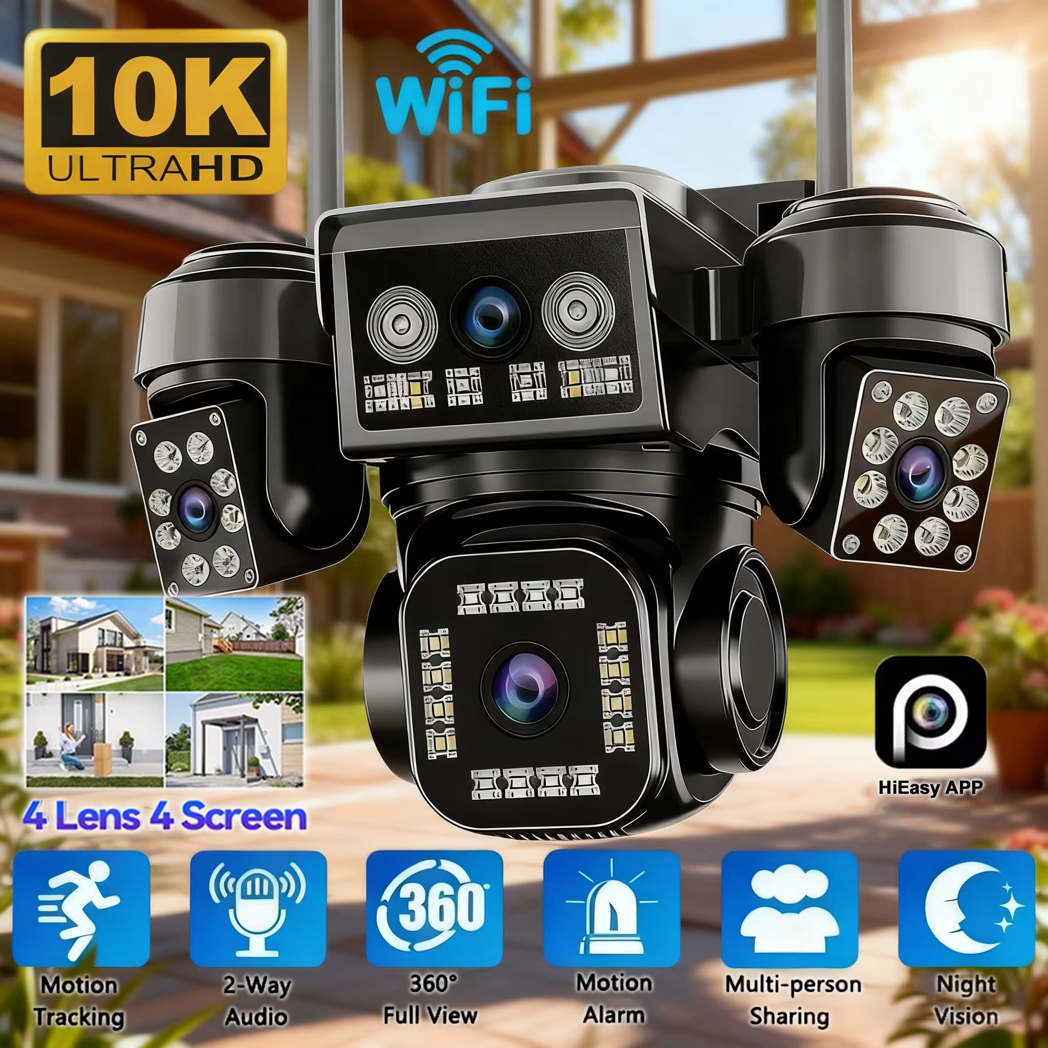 10K 20MP 4レンズセキュリティカメラ PTZ WiFi IPカメラ 自動追跡付き 屋外防水 CCTV フルカラーナイトビジョン 2ウェイオーディオ