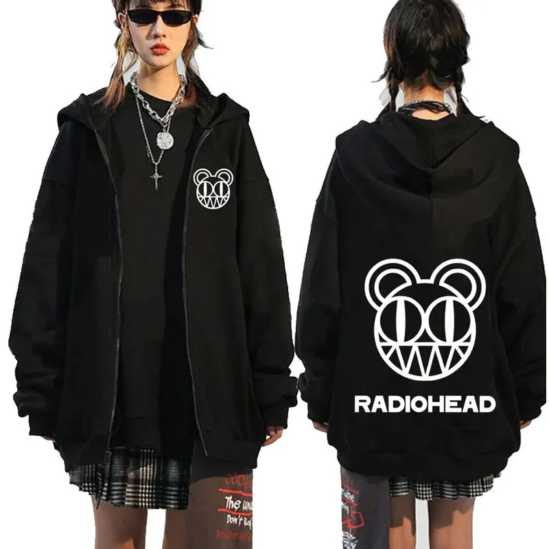 ロックバンド Radiohead ロゴジッパーパーカーメンズファッションヴィンテージジップアップスウェットシャツパンクヒップホップ特大パーカージャケットアウター