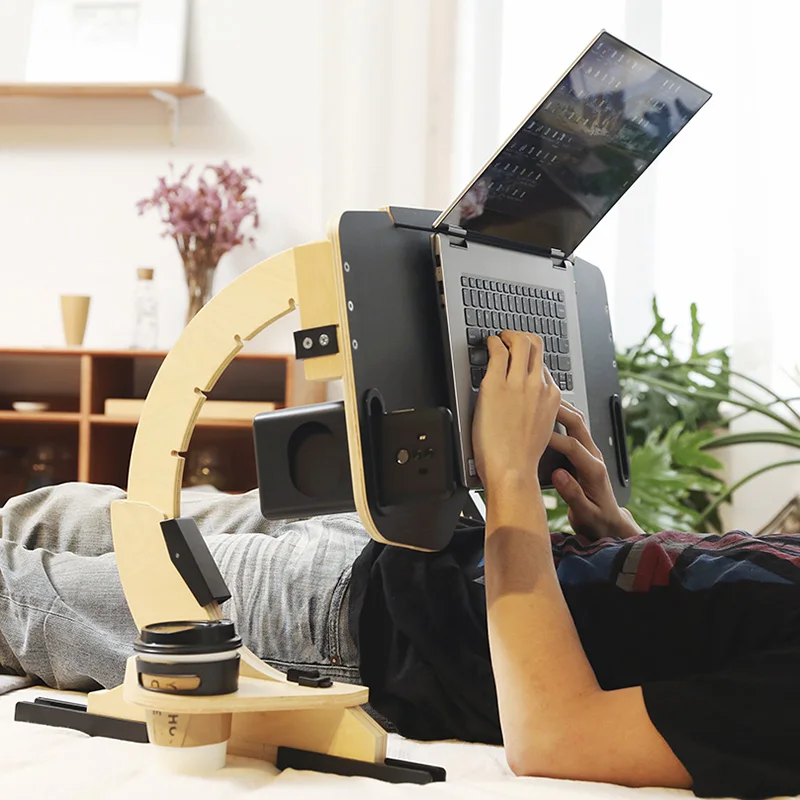 デスクトップコンピュータスタンド、ポータブルおよび折りたたみ式スタンド、多機能リクライニングデスク、木製、360°調整可能なラップトップスタンド