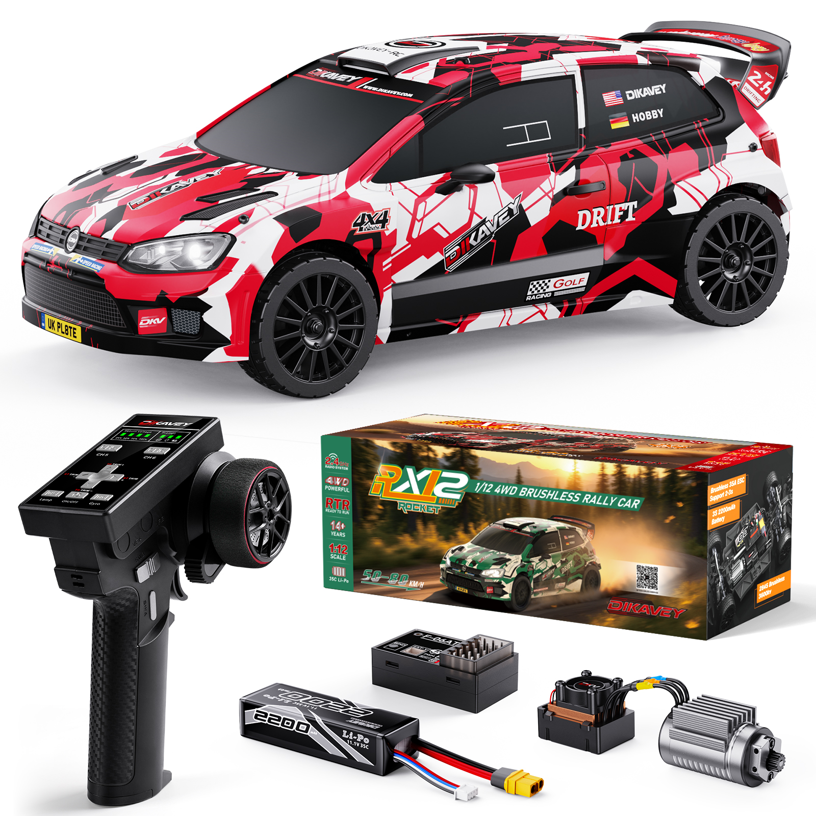 DIKAVEY 1:12 RC ラリーカー高速最大 50 MPH、ジャイロ 4X4 付きドリフトカー、3S 2200 mAh バッテリー付きブラシレス高速 RC カー