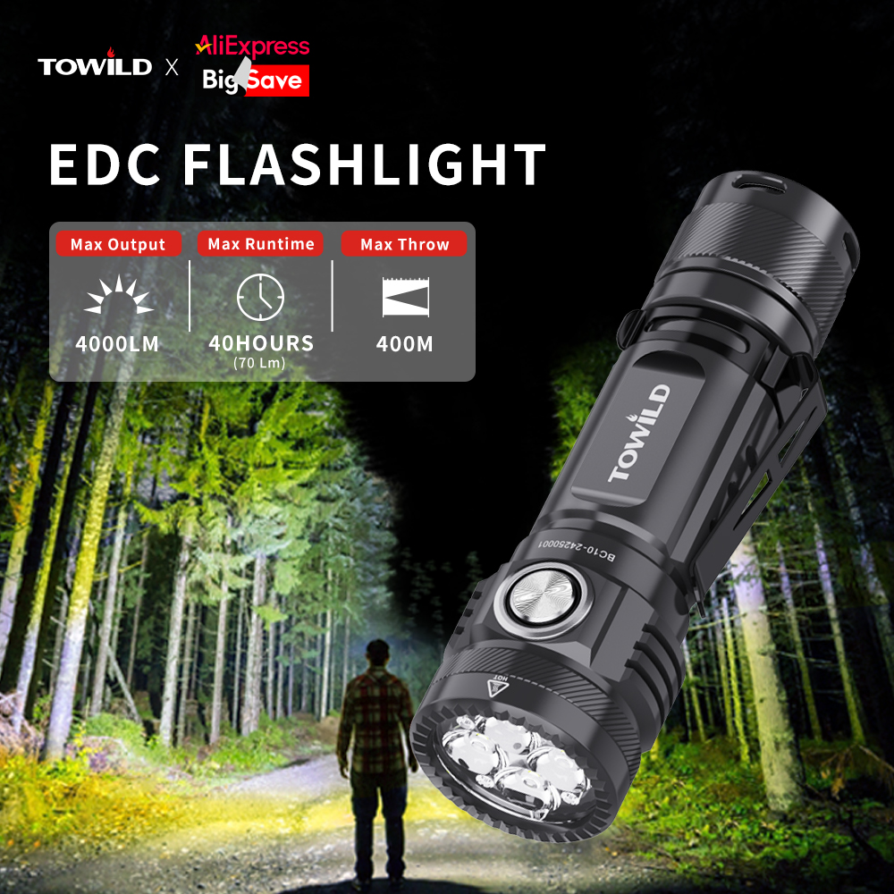 TOWILD BC10 EDC 懐中電灯ポータブル充電式 4000lm IPX8 ハイパワー Led 懐中電灯 21700 トーチキャンプ屋外照明