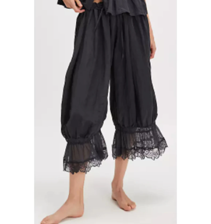 レディース Y2K ルーズフィット ブルマ クロップド パンツ 巾着 ハイウエスト 花柄 レース パッチワーク ふくらはぎ丈 ランタン パンツ