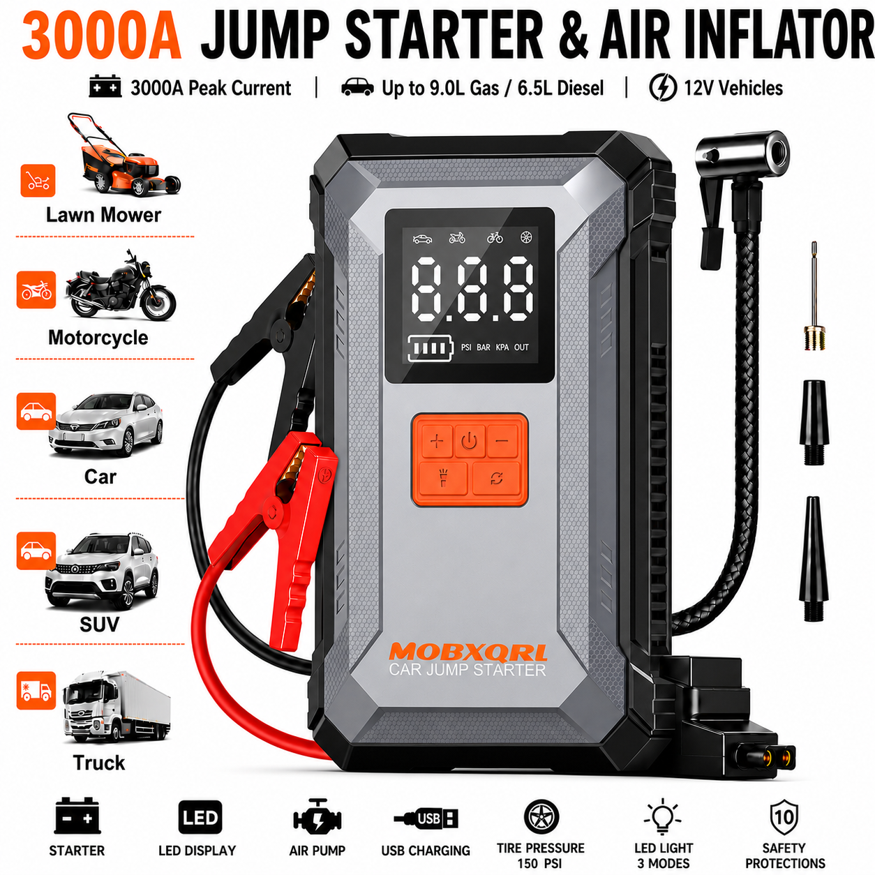 MOBXQRL カージャンプスターター 3000A ピーク 12V カーバッテリージャンプスターター、150PSI デジタルタイヤエアコンプレッサーインフレーター、カーエレクトロニクスアクセサリーオールインワンポータブルカーバッテリースターター、高速充電 USB P