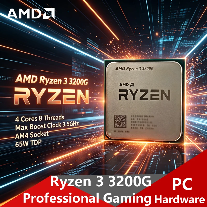 AMD Ryzen 3 3200G AM4 ゲーミング CPU、4C8T 4.0GHz ブースト、Vega 8 統合グラフィックス、低予算デスクトップ構築用の 65W トレイ プロセッサ