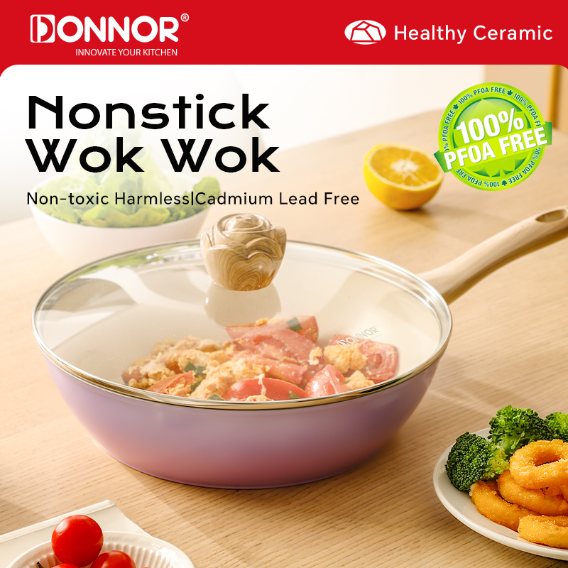 DONNOR 28cm/11.1inch Ceramic Non-Stick Wok with Lid 100% PFOA-Free, 3.6L Deep Design, Induction Compatible, Healthy Stir-Fry Pan