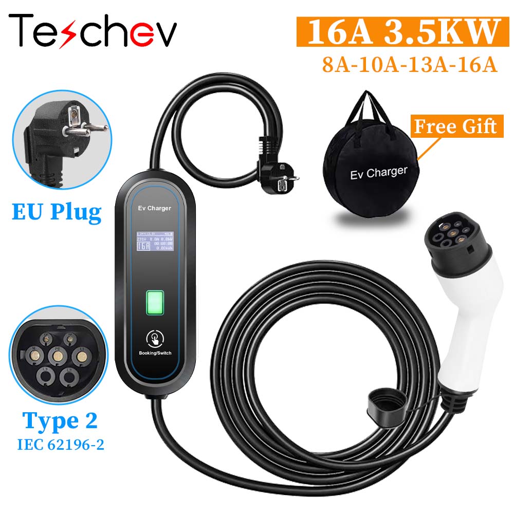 Teschev ポータブル EV 充電器 Type2 IEC 62196 電気自動車充電器 3.5KW 16A 1 相 EVSE 急速充電ウォールボックス EV 充電ステーション