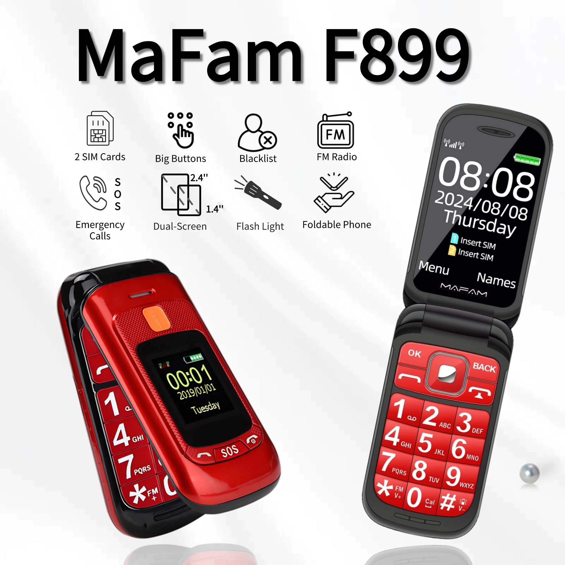 シニアフリップデュアルディスプレイ高齢者用携帯電話 2 SIM カード大型ボタンスピードダイヤル懐中電灯 FM ラジオプッシュボタン SOS コール