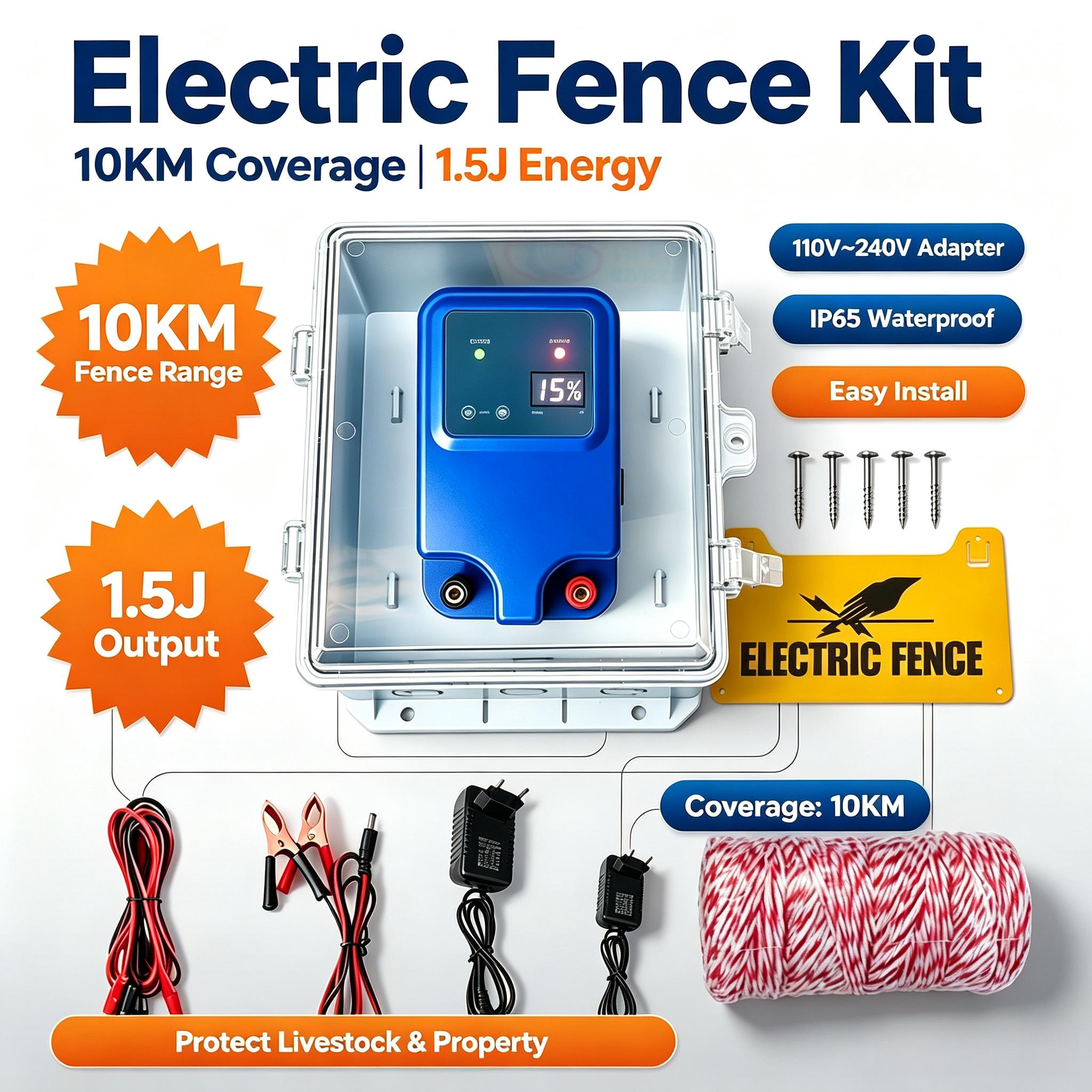 12V 10km Waterproof Electronic Fence Pulse Generator 8-12KV High Voltage Output 1.5J Blue Electronic Fence for Outdoor Animal