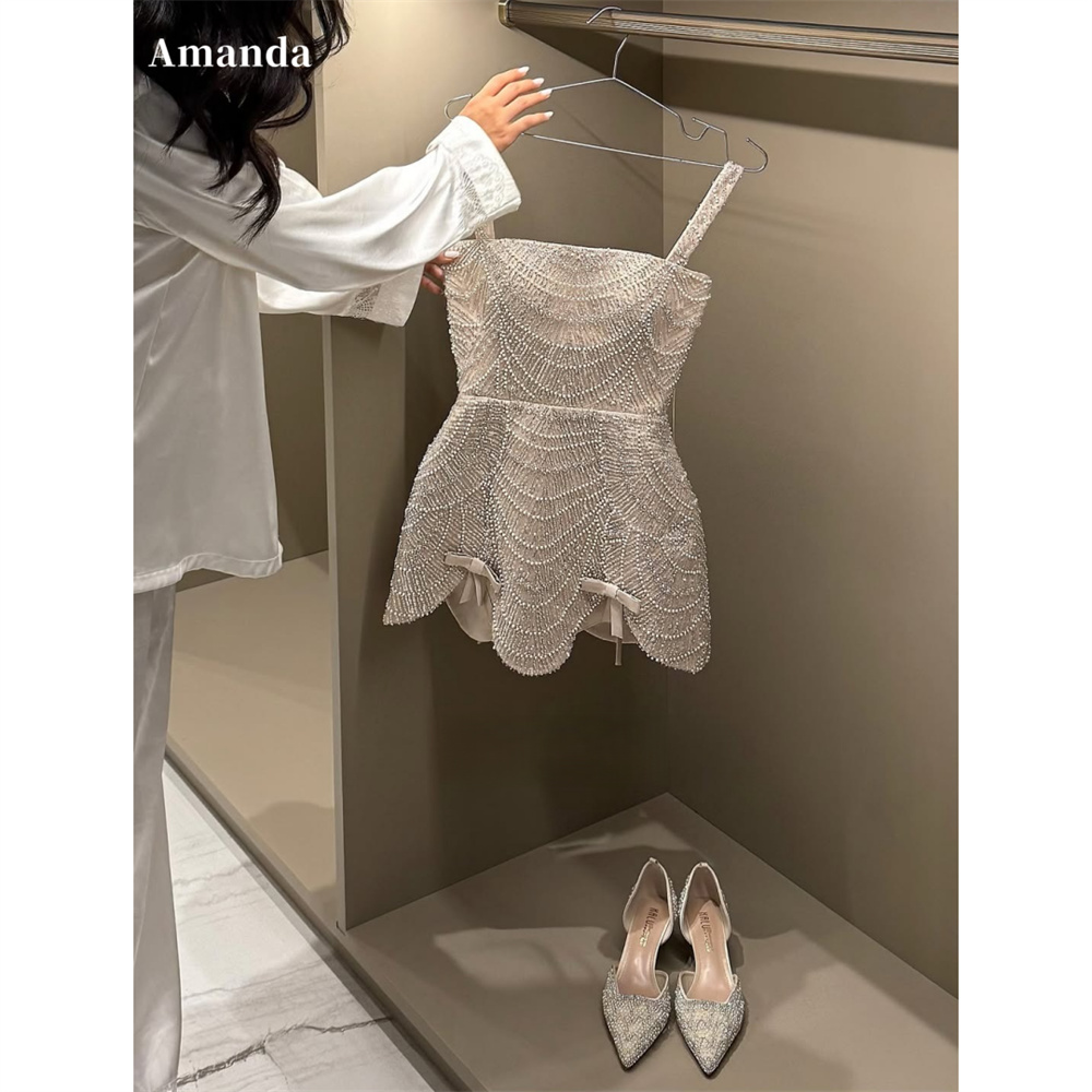 アマンダ カスタマイズされたグリッター ビーズ A ライン ノースリーブ ウェディング ドレス セクシーなミニ ベスト スパゲッティ ストラップ フォーマル Evening2025