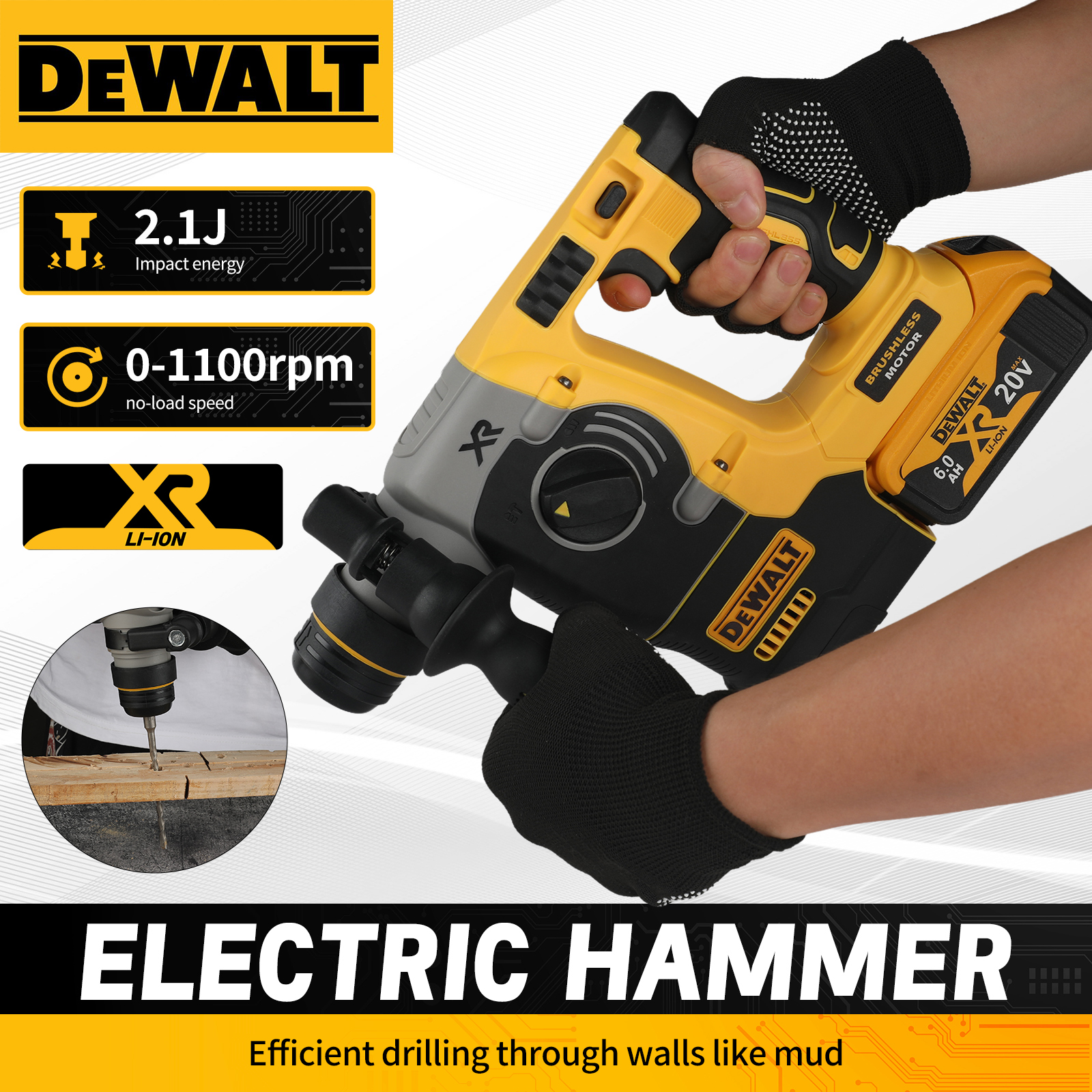 DEWALT DCH273 ロータリーパーカッションドリル 18V/20V MAX SDS ブラシレス 1 インチ PLUS L 字型木工インパクトドリル（バッテリーなし）