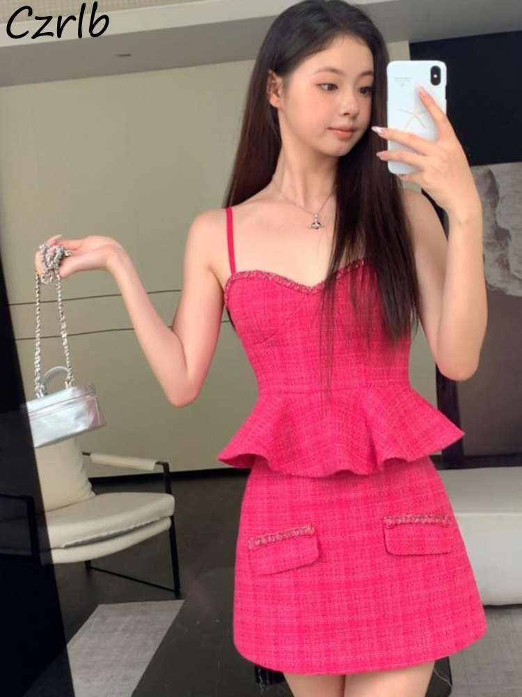 高品質のドレスセット女性の夏のノースリーブセクシーな韓国ツイード 2 ピースフリルスリムミニウエストオルファッション A ライン